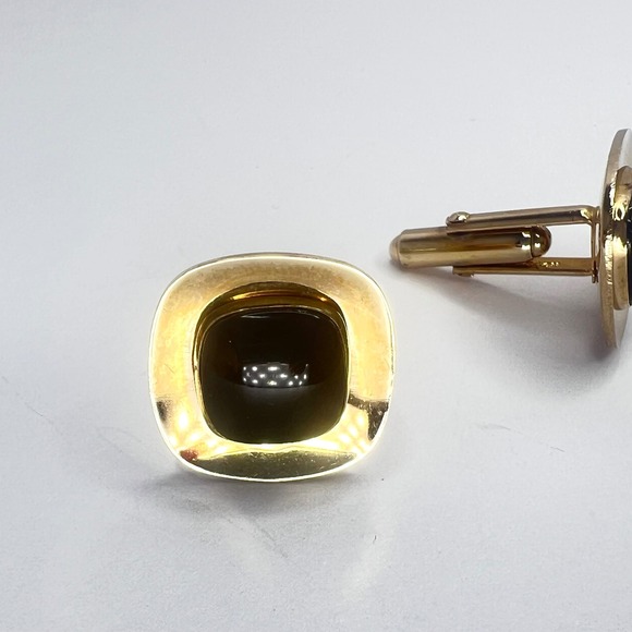 Vintage‎ Anson Onyx Cufflinks Gold Tone Black Center Bullet Back Signed - Picture 10 of 11